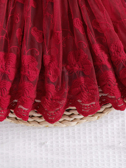 2pcs/Set Newborn Spring/Autumn Burgundy Sweet Princess Style Bow Lace Mesh Patchwork Long Sleeve Dress With Headband Set, Loose Comfortable Fit, Suitable For Daily Outings, Full Moon Banquet, 1s