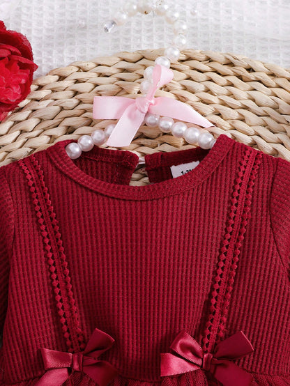 2pcs/Set Newborn Spring/Autumn Burgundy Sweet Princess Style Bow Lace Mesh Patchwork Long Sleeve Dress With Headband Set, Loose Comfortable Fit, Suitable For Daily Outings, Full Moon Banquet, 1s