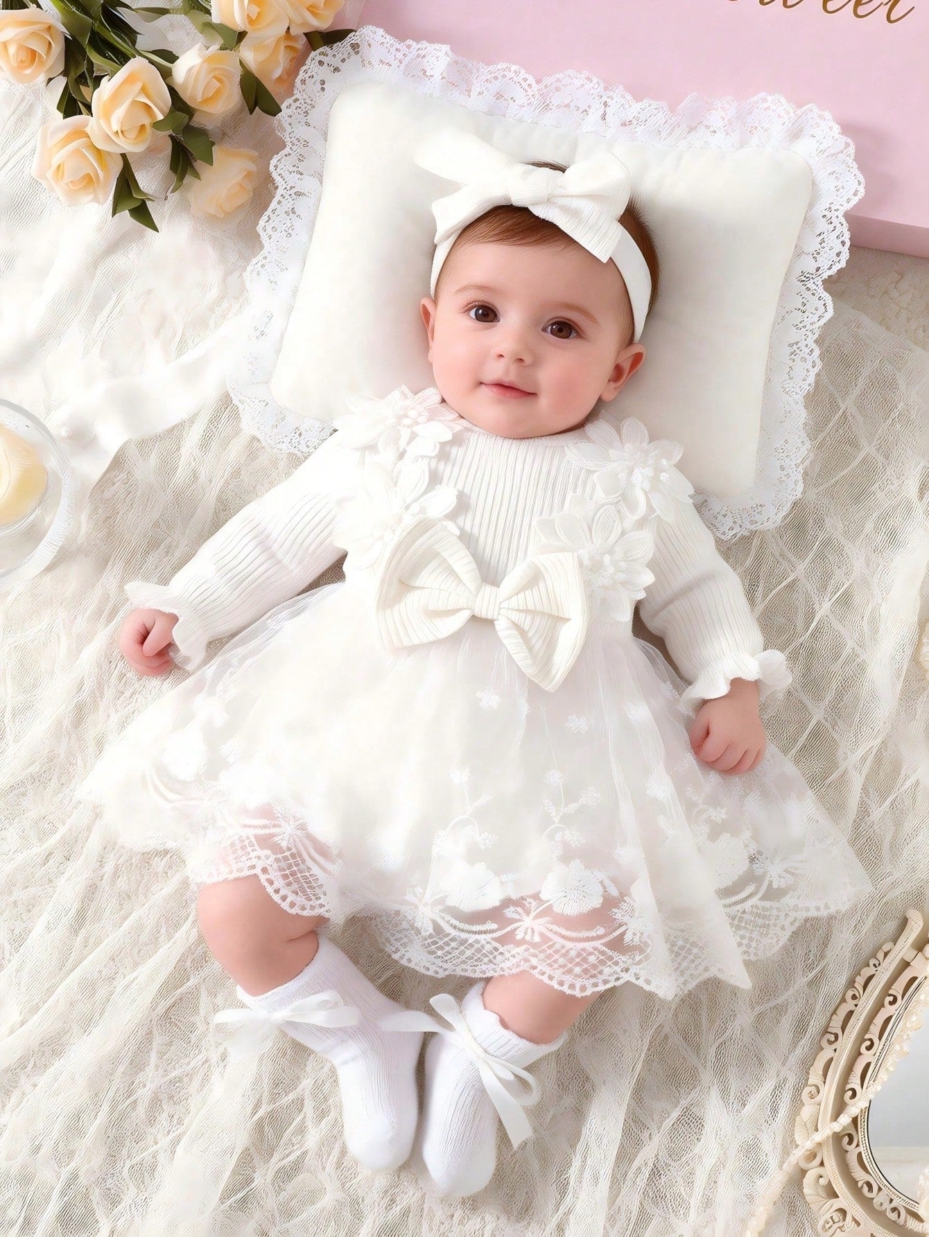 2pcs/Set Newborn Spring/Autumn Burgundy Sweet Princess Style Bow Lace Mesh Patchwork Long Sleeve Dress With Headband Set, Loose Comfortable Fit, Suitable For Daily Outings, Full Moon Banquet, 1s