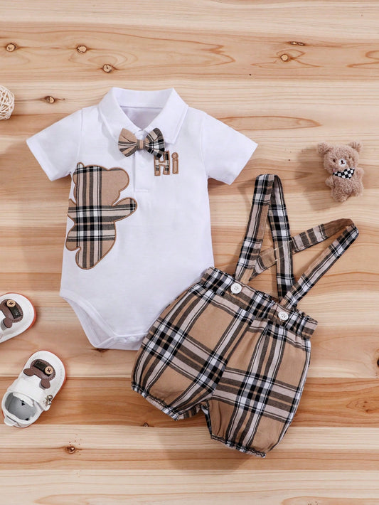 2pcs/Set Summer Cartoon Bear Plaid Bow Decor Infant Short Sleeve Romper + Bib Shorts Set
