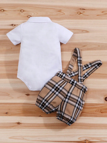 2pcs/Set Summer Cartoon Bear Plaid Bow Decor Infant Short Sleeve Romper + Bib Shorts Set