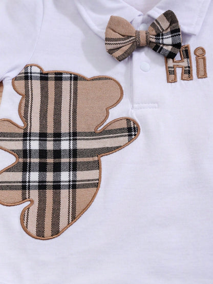 2pcs/Set Summer Cartoon Bear Plaid Bow Decor Infant Short Sleeve Romper + Bib Shorts Set
