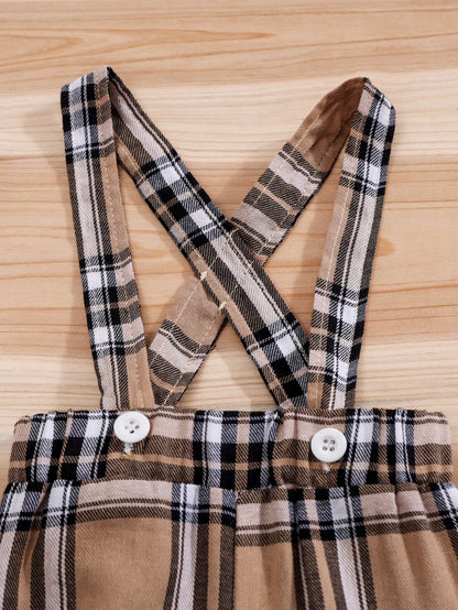 2pcs/Set Summer Cartoon Bear Plaid Bow Decor Infant Short Sleeve Romper + Bib Shorts Set