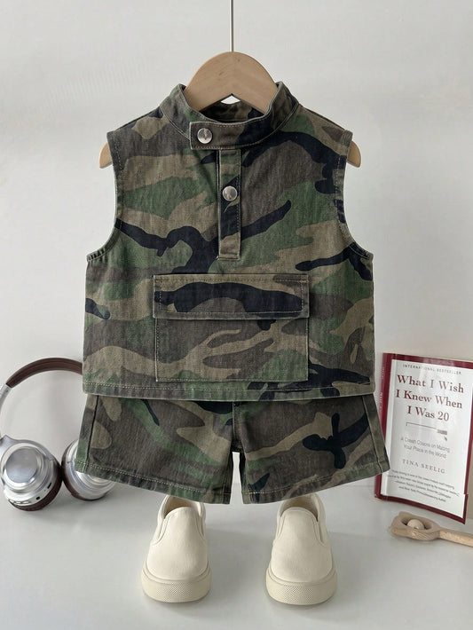 2pcs Toddler Boys' Camouflage Denim Sleeveless Cardigan Top And Loose Shorts Set Festival Outfits For Party Wedding Graduation Prom Birthday Casual Vacation