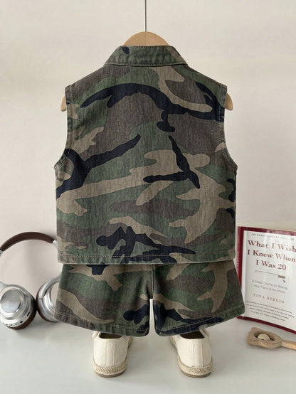 2pcs Toddler Boys' Camouflage Denim Sleeveless Cardigan Top And Loose Shorts Set Festival Outfits For Party Wedding Graduation Prom Birthday Casual Vacation