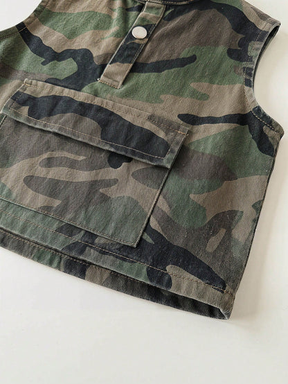 2pcs Toddler Boys' Camouflage Denim Sleeveless Cardigan Top And Loose Shorts Set Festival Outfits For Party Wedding Graduation Prom Birthday Casual Vacation