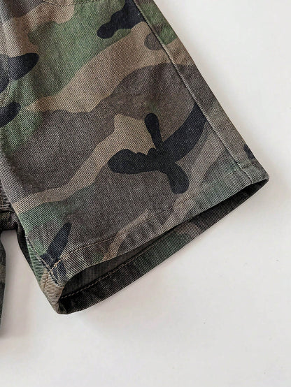 2pcs Toddler Boys' Camouflage Denim Sleeveless Cardigan Top And Loose Shorts Set Festival Outfits For Party Wedding Graduation Prom Birthday Casual Vacation