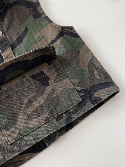 2pcs Toddler Boys' Camouflage Denim Sleeveless Cardigan Top And Loose Shorts Set Festival Outfits For Party Wedding Graduation Prom Birthday Casual Vacation