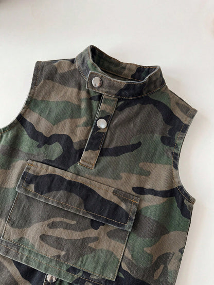 2pcs Toddler Boys' Camouflage Denim Sleeveless Cardigan Top And Loose Shorts Set Festival Outfits For Party Wedding Graduation Prom Birthday Casual Vacation