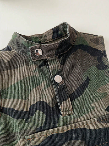 2pcs Toddler Boys' Camouflage Denim Sleeveless Cardigan Top And Loose Shorts Set Festival Outfits For Party Wedding Graduation Prom Birthday Casual Vacation