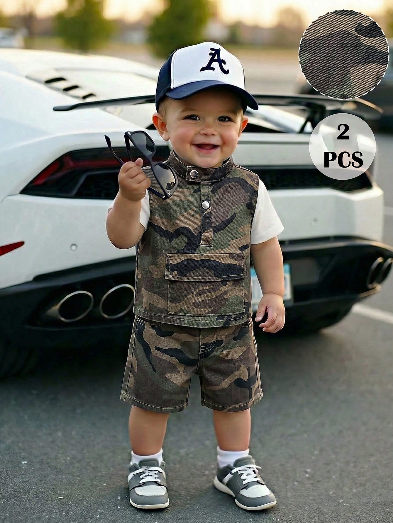 2pcs Toddler Boys' Camouflage Denim Sleeveless Cardigan Top And Loose Shorts Set Festival Outfits For Party Wedding Graduation Prom Birthday Casual Vacation
