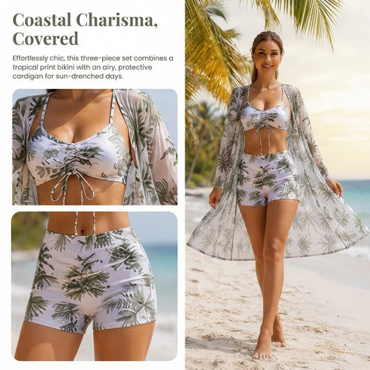 2pcs Tropical Palm Print Bikini Swimsuit Set,High-Waisted Boxer Brief Design,Support And Push-Up Effect,Suitable For Beach Vacations, Pool Parties