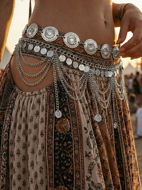 2pcs Vintage Bohemian Style Daisy Petal & Flower Design With Multi-Layer Coin Belly Chain, Sexy Arabian Tassel Waist Chain, Suitable For Beach, Holiday, Party Outfit, Halloween, Campus Autumn, Autumn