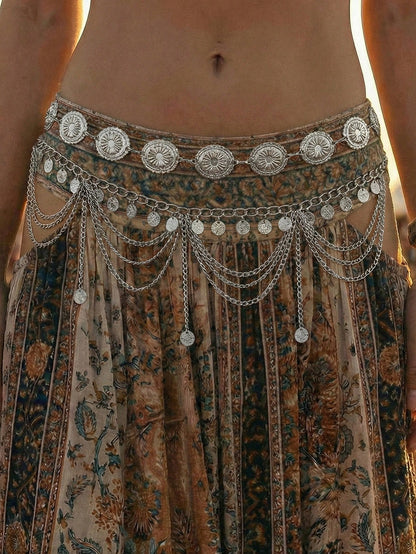 2pcs Vintage Bohemian Style Daisy Petal & Flower Design With Multi-Layer Coin Belly Chain, Sexy Arabian Tassel Waist Chain, Suitable For Beach, Holiday, Party Outfit, Halloween, Campus Autumn, Autumn