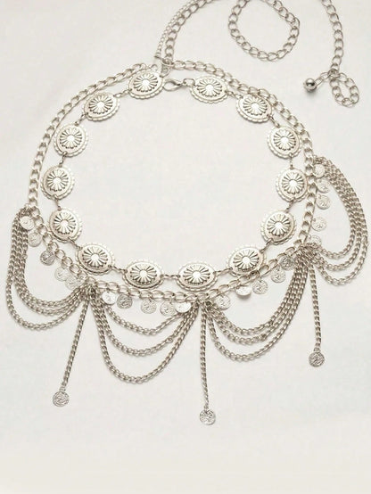 2pcs Vintage Bohemian Style Daisy Petal & Flower Design With Multi-Layer Coin Belly Chain, Sexy Arabian Tassel Waist Chain, Suitable For Beach, Holiday, Party Outfit, Halloween, Campus Autumn, Autumn