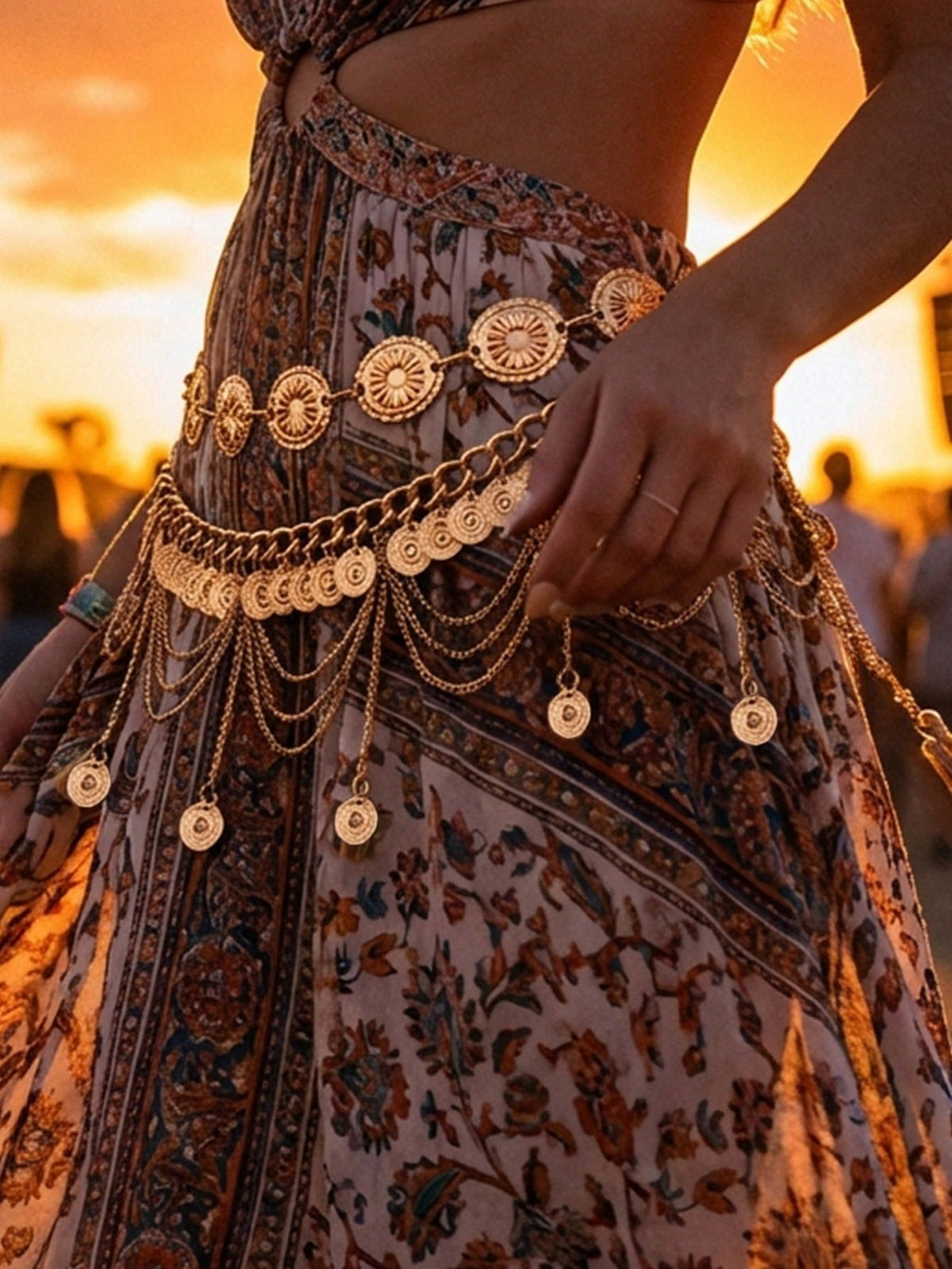 2pcs Vintage Bohemian Style Daisy Petal & Flower Design With Multi-Layer Coin Belly Chain, Sexy Arabian Tassel Waist Chain, Suitable For Beach, Holiday, Party Outfit, Halloween, Campus Autumn, Autumn