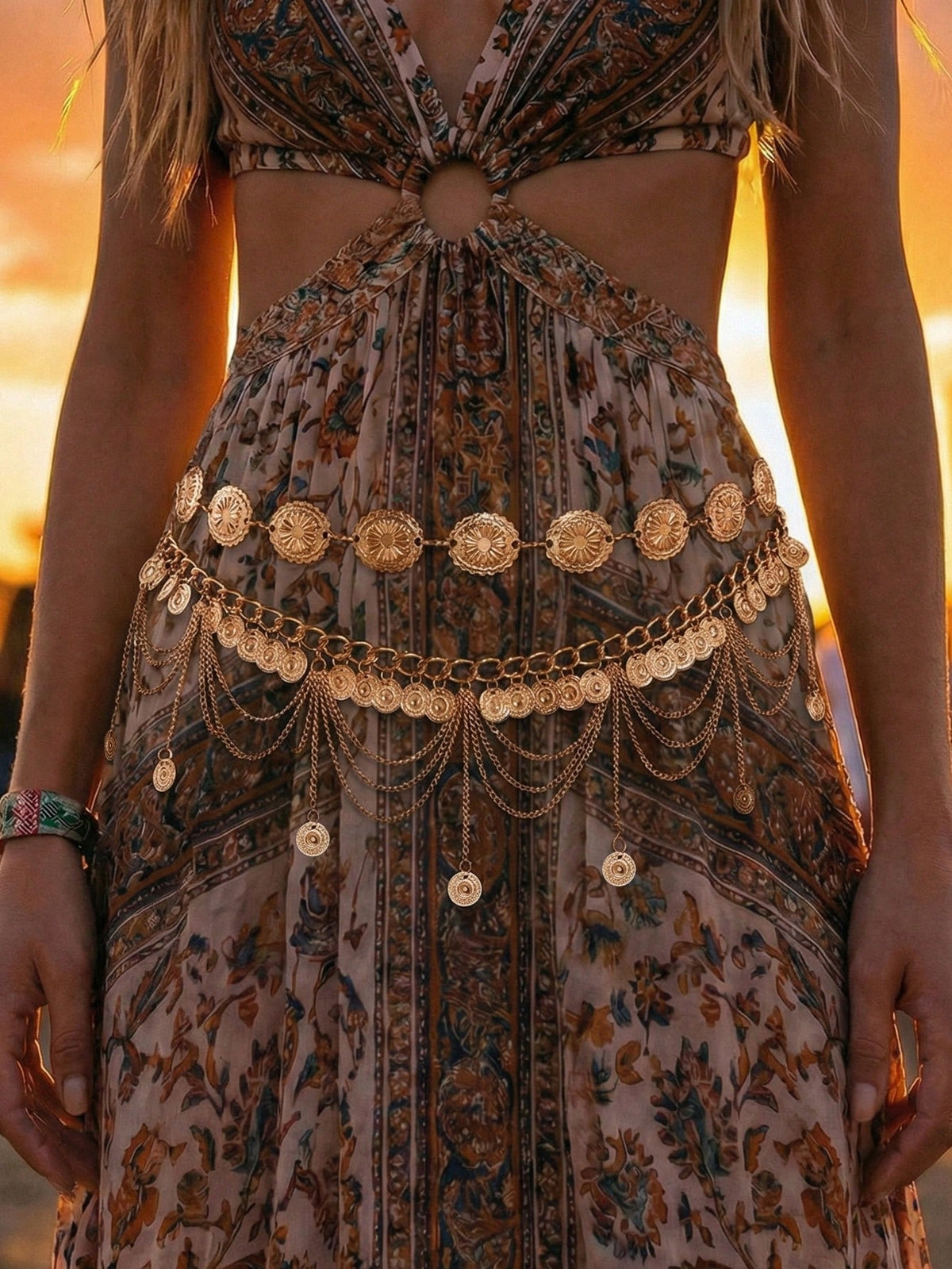 2pcs Vintage Bohemian Style Daisy Petal & Flower Design With Multi-Layer Coin Belly Chain, Sexy Arabian Tassel Waist Chain, Suitable For Beach, Holiday, Party Outfit, Halloween, Campus Autumn, Autumn