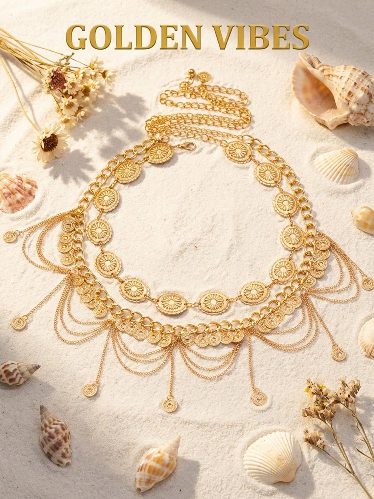 2pcs Vintage Bohemian Style Daisy Petal & Flower Design With Multi-Layer Coin Belly Chain, Sexy Arabian Tassel Waist Chain, Suitable For Beach, Holiday, Party Outfit, Halloween, Campus Autumn, Autumn