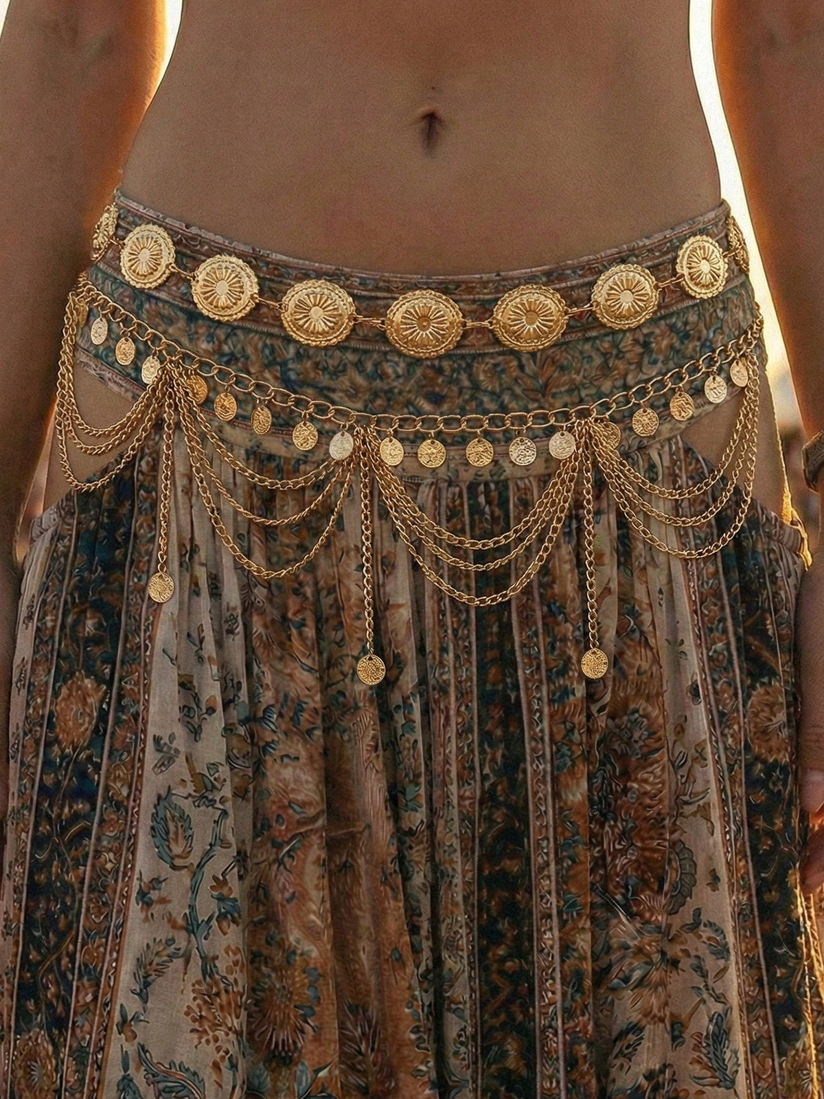 2pcs Vintage Bohemian Style Daisy Petal & Flower Design With Multi-Layer Coin Belly Chain, Sexy Arabian Tassel Waist Chain, Suitable For Beach, Holiday, Party Outfit, Halloween, Campus Autumn, Autumn