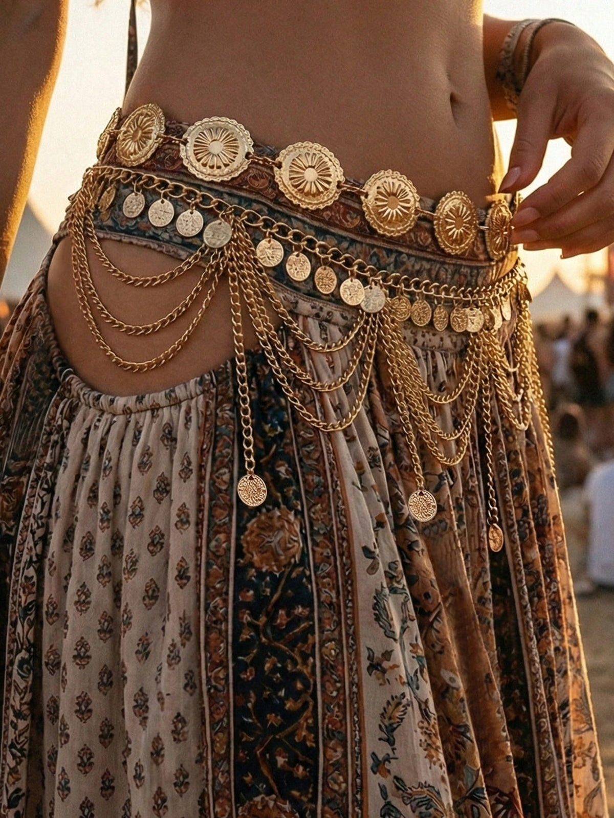 2pcs Vintage Bohemian Style Daisy Petal & Flower Design With Multi-Layer Coin Belly Chain, Sexy Arabian Tassel Waist Chain, Suitable For Beach, Holiday, Party Outfit, Halloween, Campus Autumn, Autumn