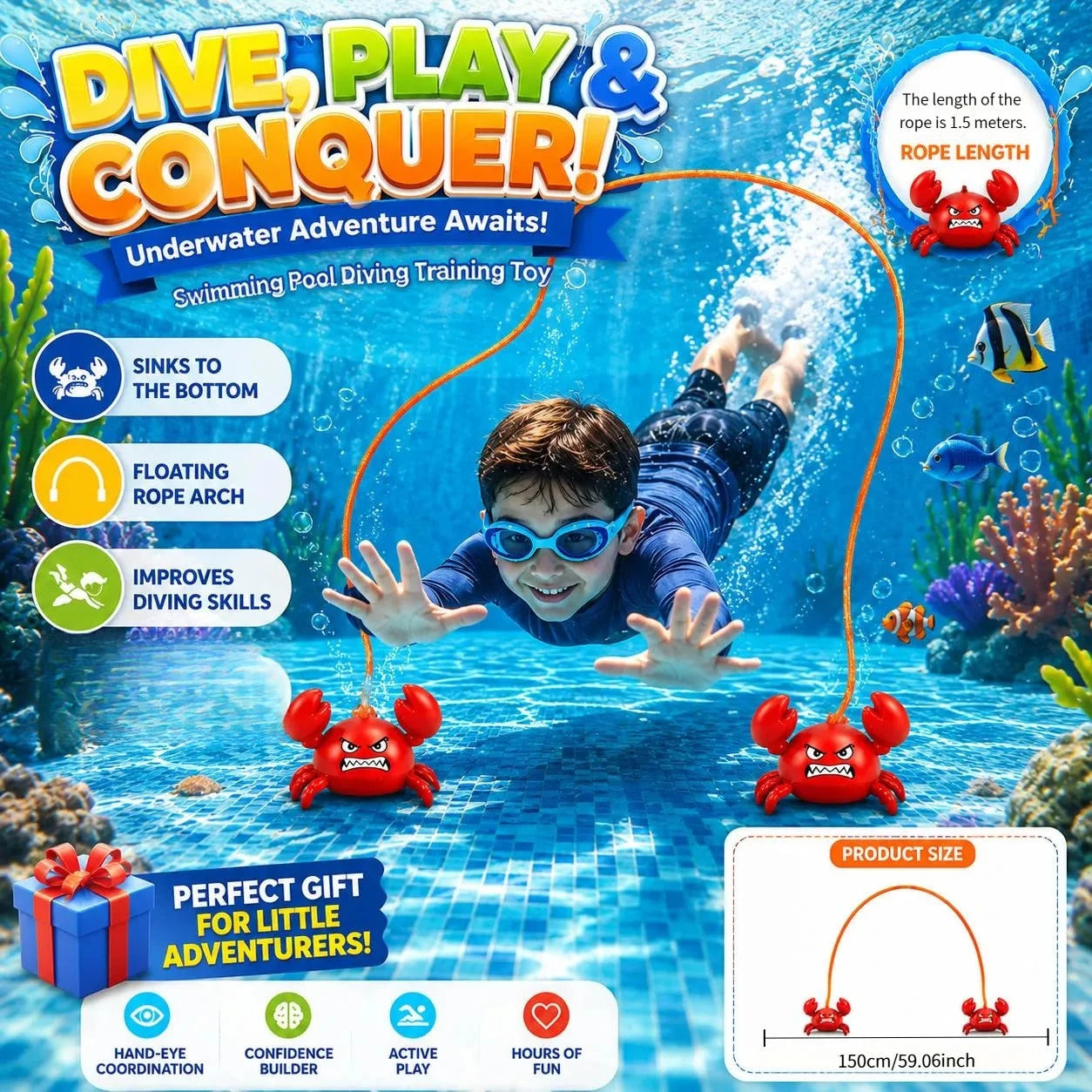 2pcs Water Sports Toys (1 Crab * 1 Top, 1.5m Rope, Random Color And Letter), Floating Rope Forms A Gate, Swimming Pool Diving Set, Diving Pool Toy, Bathtub Toy, Pool Toy, Swimming Toy, Suitable For Ch