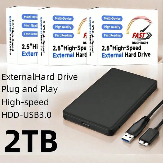 2TB High Speed Portable External Hard Drive USB 3.0- Tool-Free Installation, PC/ Laptop/Office Large Capacity HDD, ExFAT File System,/Video/Music Extended Backup (Black), Portable Storage Drive, Off