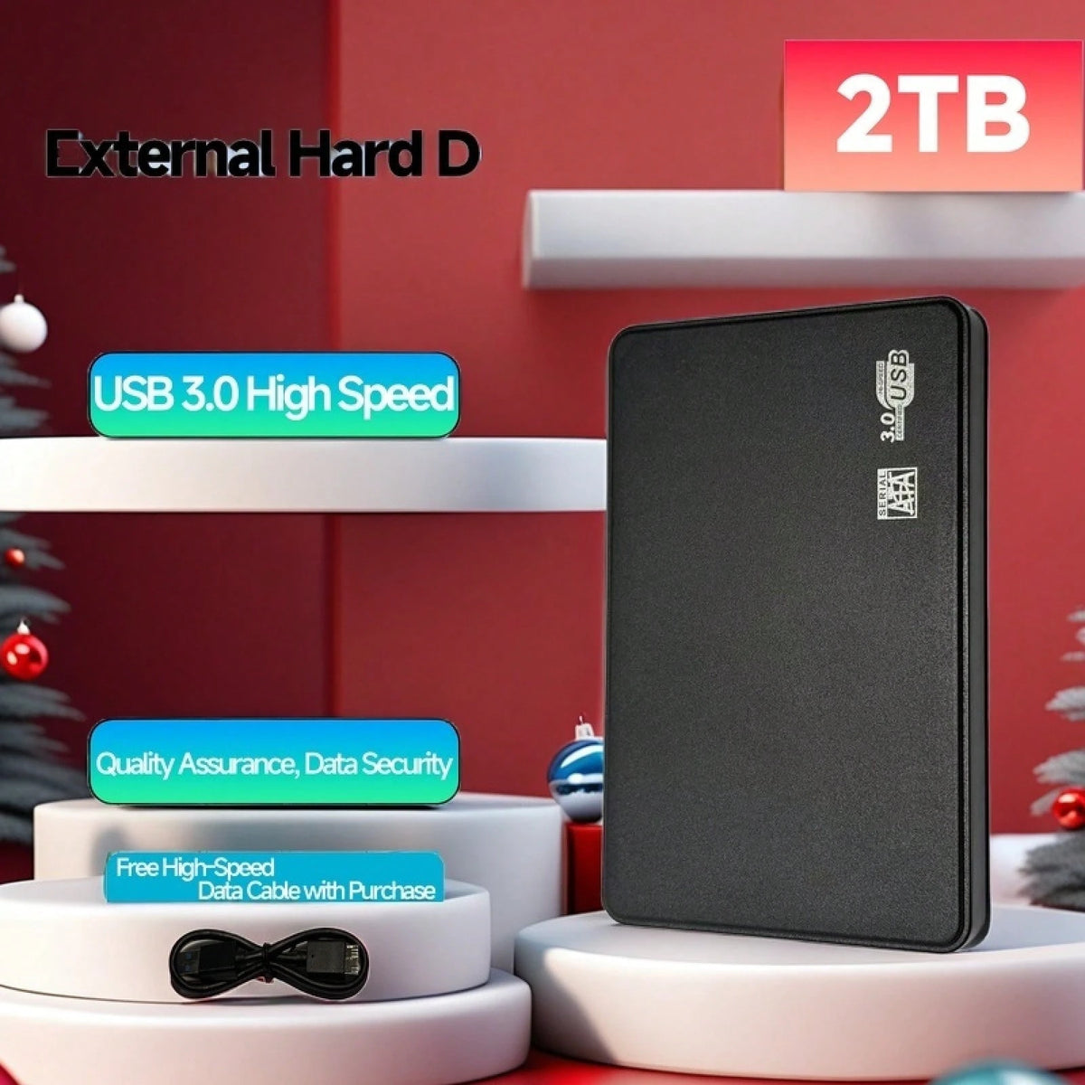 2TB High Speed Portable External Hard Drive USB 3.0- Tool-Free Installation, PC/ Laptop/Office Large Capacity HDD, ExFAT File System,/Video/Music Extended Backup (Black), Portable Storage Drive, Off
