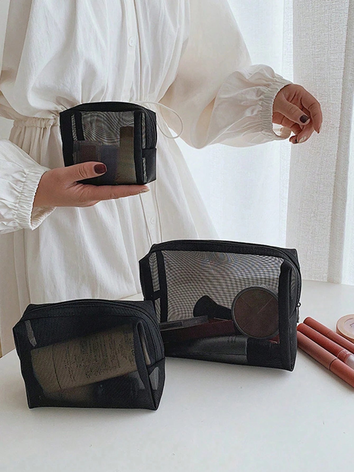 3/1 Pc Set Minimalist Makeup Bag- Lightweight, Durable, Zipper Travel Organizer, With Adjustable Shoulder Strap Multi-Functional Portable Mesh Clear Wash Bag, Cosmetic Pouch, Simple Storage Bag With