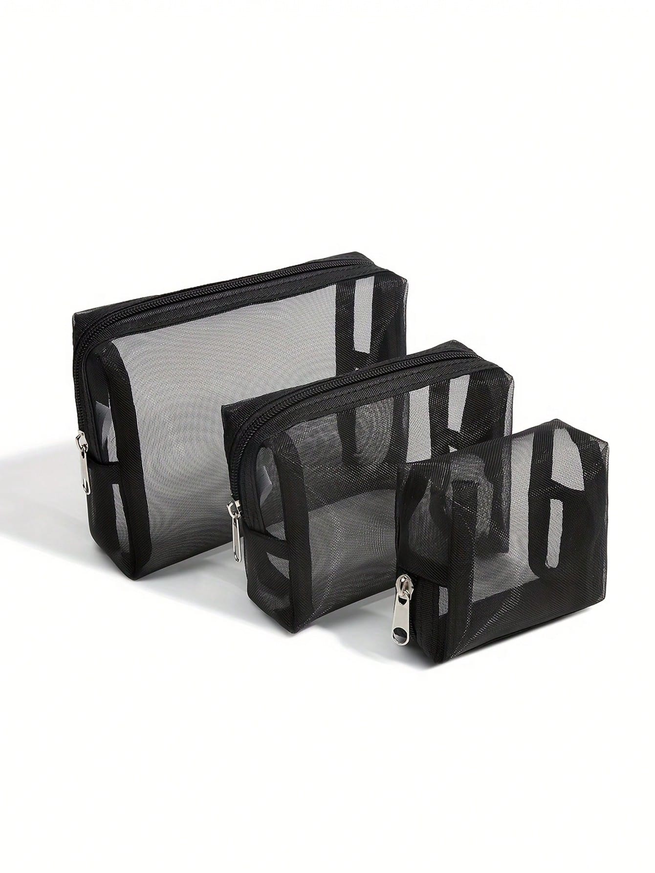 3/1 Pc Set Minimalist Makeup Bag- Lightweight, Durable, Zipper Travel Organizer, With Adjustable Shoulder Strap Multi-Functional Portable Mesh Clear Wash Bag, Cosmetic Pouch, Simple Storage Bag With