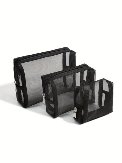 3/1 Pc Set Minimalist Makeup Bag- Lightweight, Durable, Zipper Travel Organizer, With Adjustable Shoulder Strap Multi-Functional Portable Mesh Clear Wash Bag, Cosmetic Pouch, Simple Storage Bag With