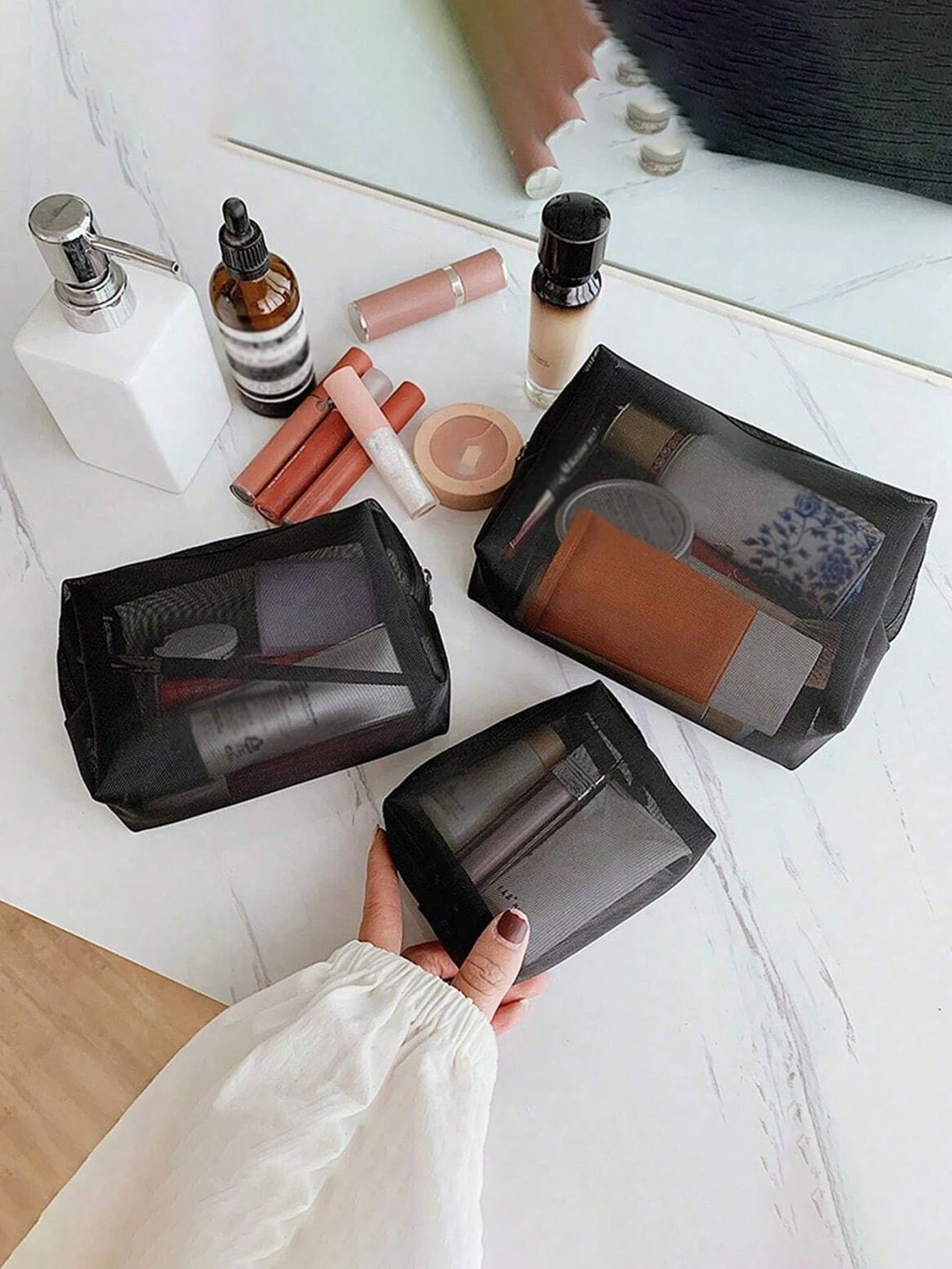 3/1 Pc Set Minimalist Makeup Bag- Lightweight, Durable, Zipper Travel Organizer, With Adjustable Shoulder Strap Multi-Functional Portable Mesh Clear Wash Bag, Cosmetic Pouch, Simple Storage Bag With