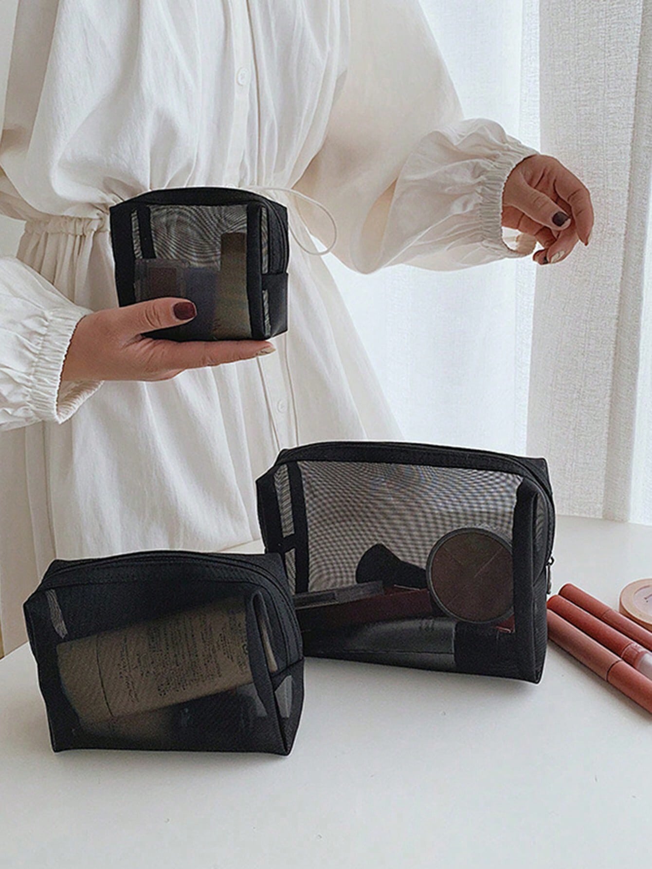 3/1 Pc Set Minimalist Makeup Bag- Lightweight, Durable, Zipper Travel Organizer, With Adjustable Shoulder Strap Multi-Functional Portable Mesh Clear Wash Bag, Cosmetic Pouch, Simple Storage Bag With