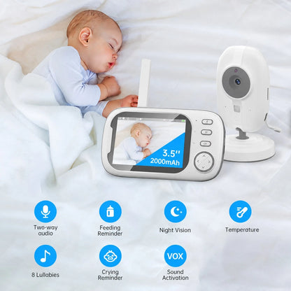 3.5 Inch Rechargeable Baby Monitor With Camera, Two-Way Talk, Night Vision, Temperature Alert, Feeding Reminder, 8 Lullabies, USB Powered – Suitable For Nursery And Home Use
