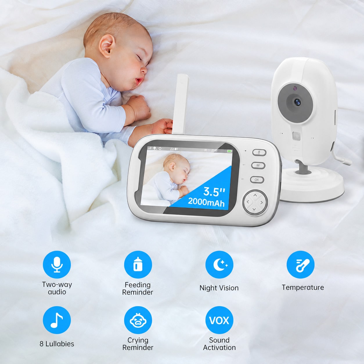 3.5 Inch Rechargeable Baby Monitor With Camera, Two-Way Talk, Night Vision, Temperature Alert, Feeding Reminder, 8 Lullabies, USB Powered – Suitable For Nursery And Home Use