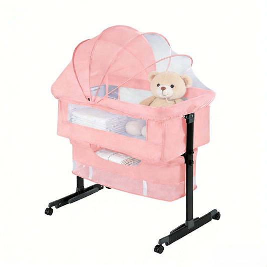 3-In-1 Baby Bassinet, Adjustable Bedside Bassinet With Comfy Mattress, Wheels, 6 Height Levels, Easy Folding Portable Crib For Newborns