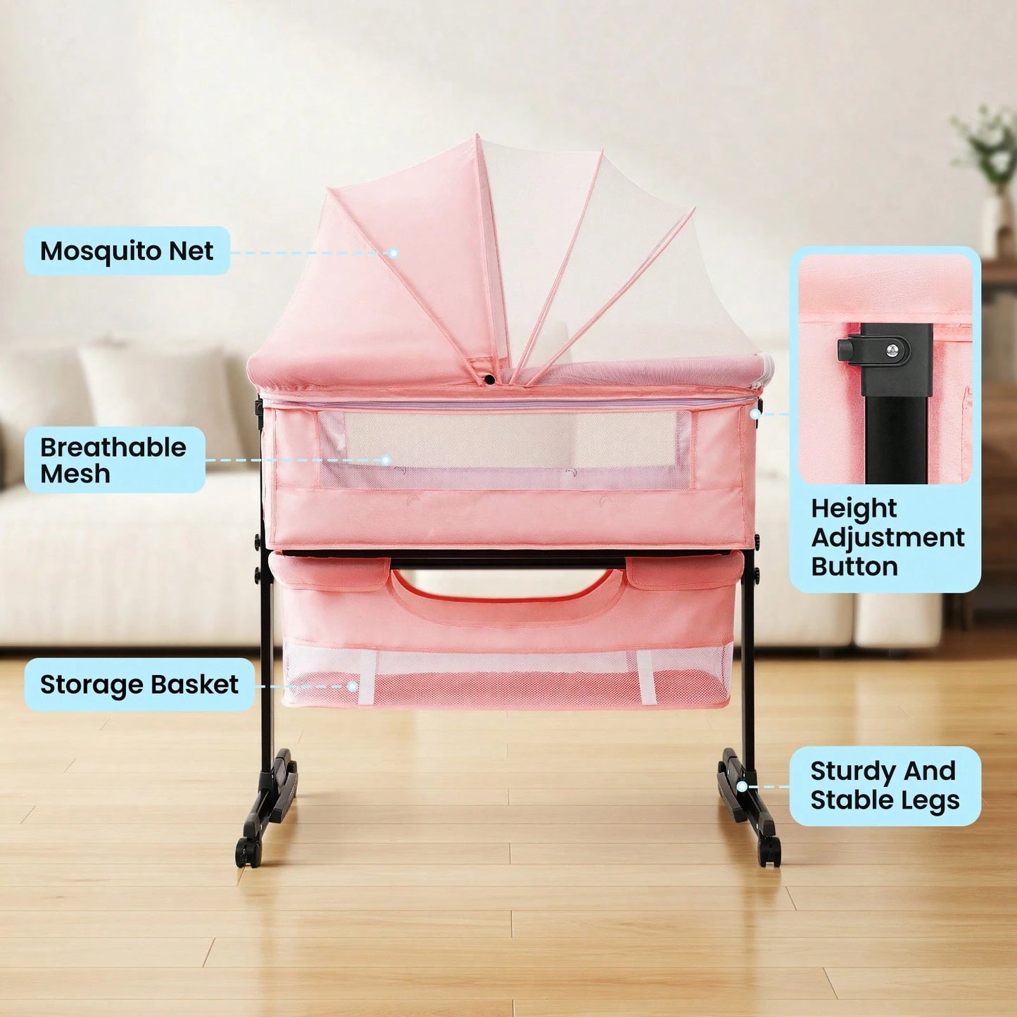 3-In-1 Baby Bassinet, Adjustable Bedside Bassinet With Comfy Mattress, Wheels, 6 Height Levels, Easy Folding Portable Crib For Newborns
