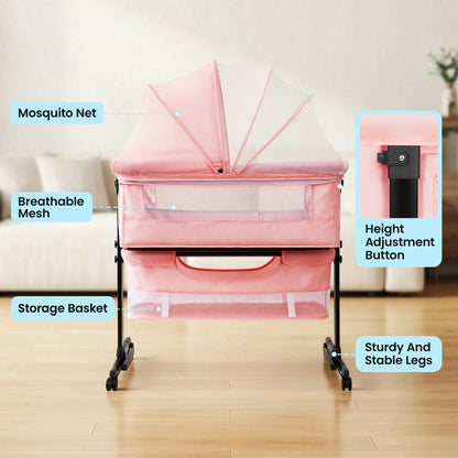 3-In-1 Baby Bassinet, Adjustable Bedside Bassinet With Comfy Mattress, Wheels, 6 Height Levels, Easy Folding Portable Crib For Newborns