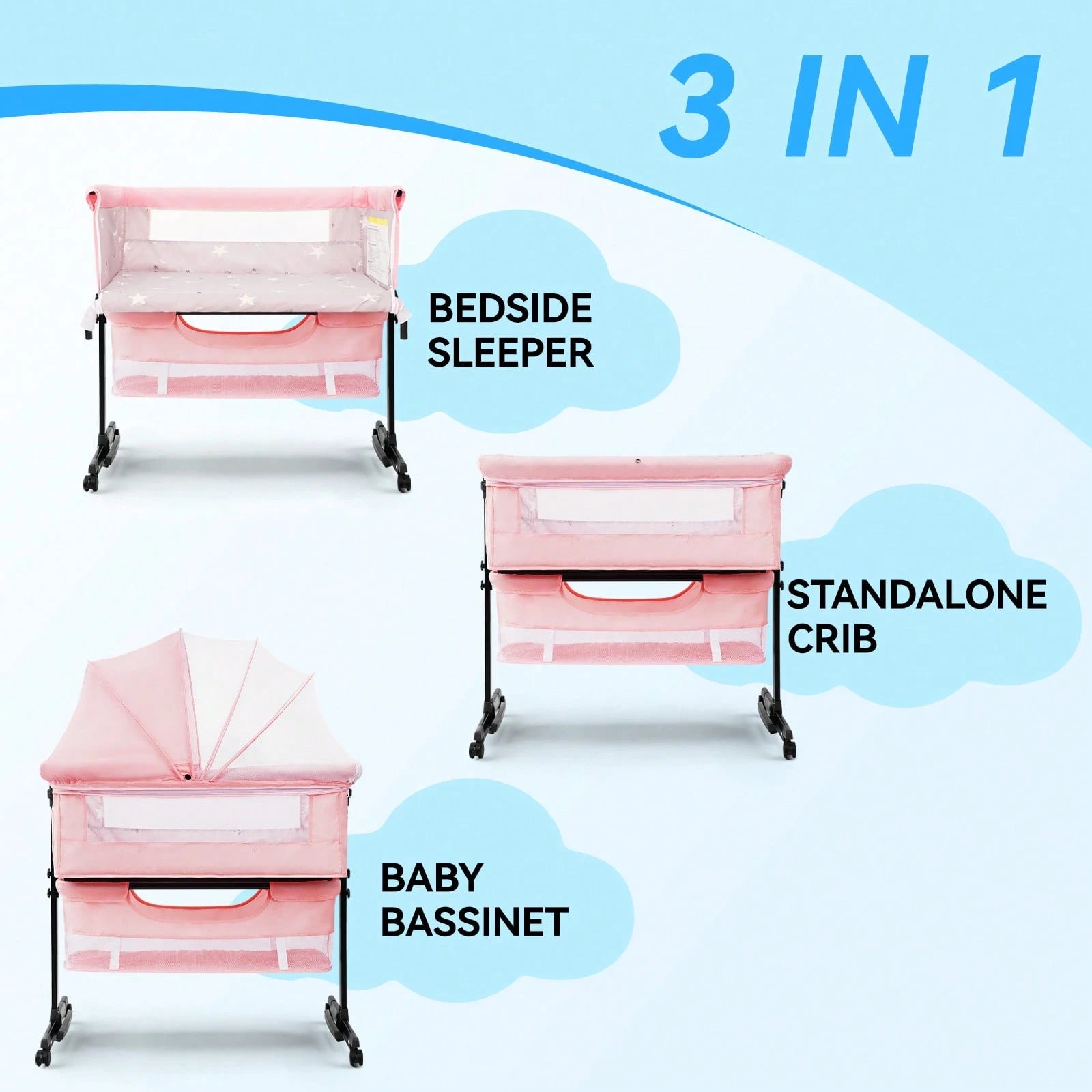 3-In-1 Baby Bassinet, Adjustable Bedside Bassinet With Comfy Mattress, Wheels, 6 Height Levels, Easy Folding Portable Crib For Newborns