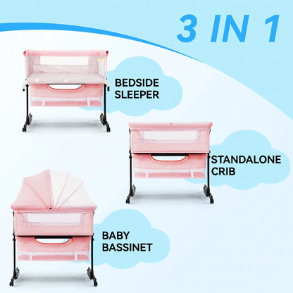 3-In-1 Baby Bassinet, Adjustable Bedside Bassinet With Comfy Mattress, Wheels, 6 Height Levels, Easy Folding Portable Crib For Newborns