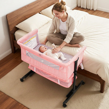 3-In-1 Baby Bassinet, Adjustable Bedside Bassinet With Comfy Mattress, Wheels, 6 Height Levels, Easy Folding Portable Crib For Newborns
