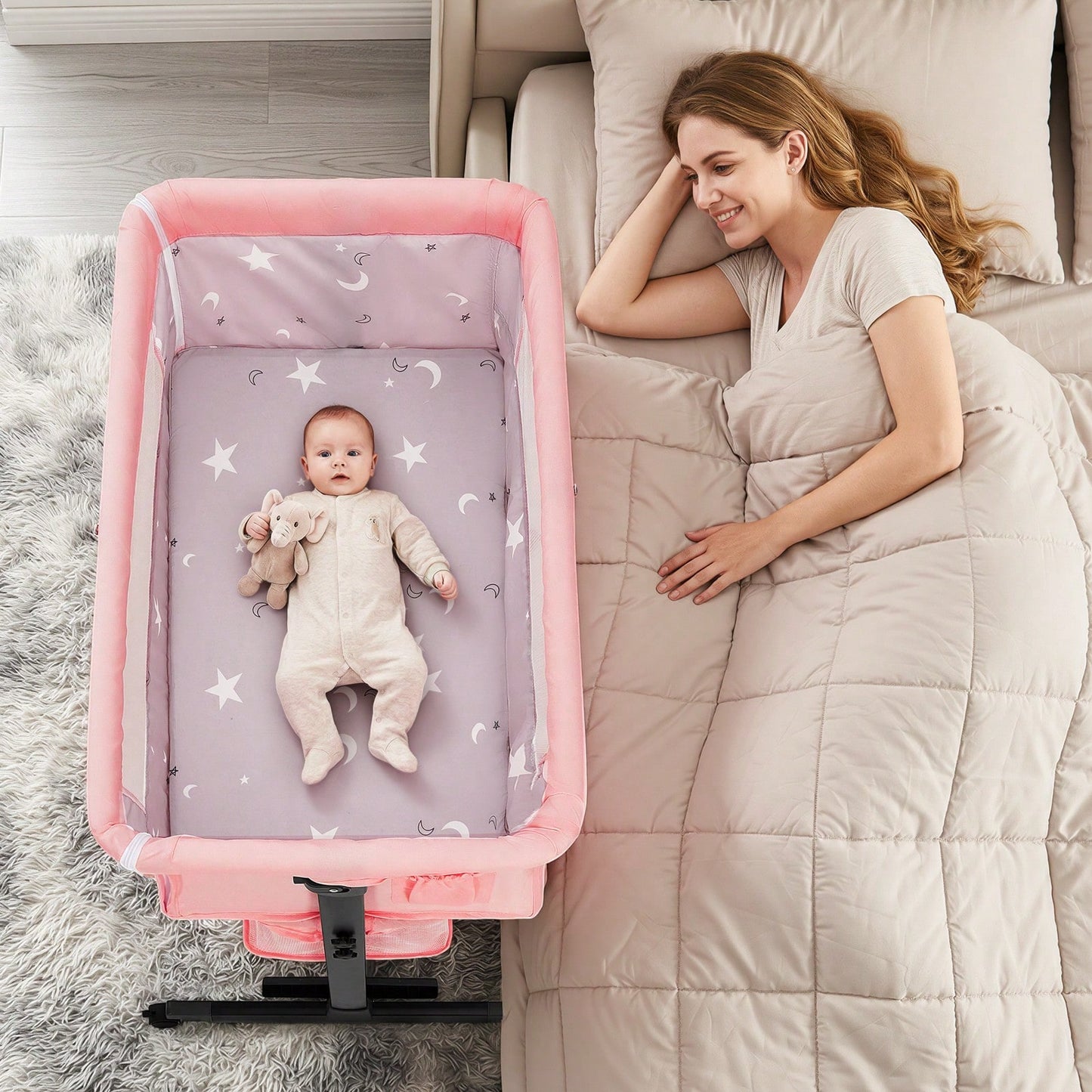 3-In-1 Baby Bassinet, Adjustable Bedside Bassinet With Comfy Mattress, Wheels, 6 Height Levels, Easy Folding Portable Crib For Newborns