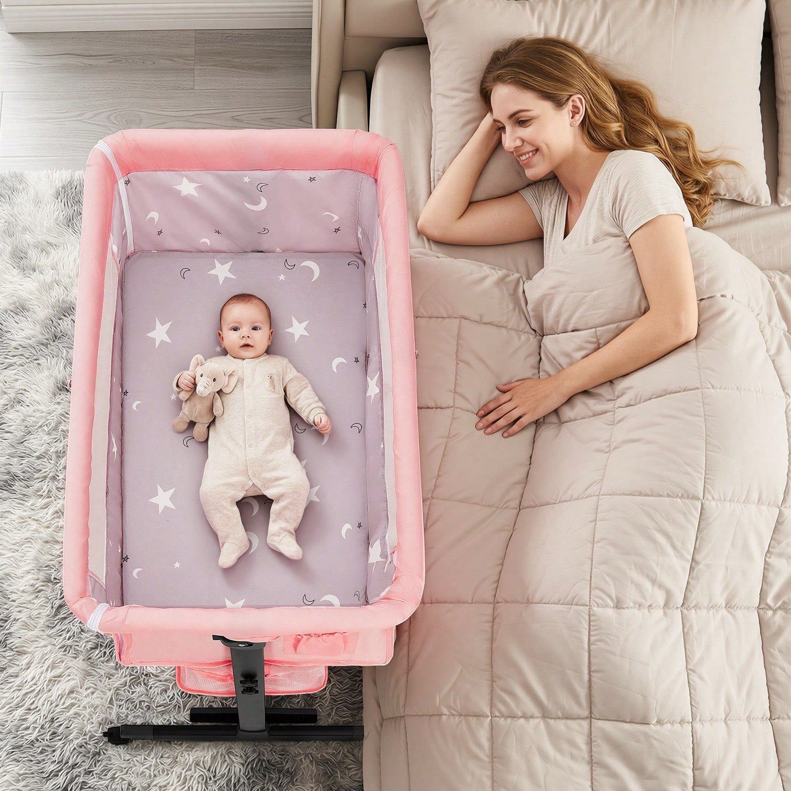 3-In-1 Baby Bassinet, Adjustable Bedside Bassinet With Comfy Mattress, Wheels, 6 Height Levels, Easy Folding Portable Crib For Newborns