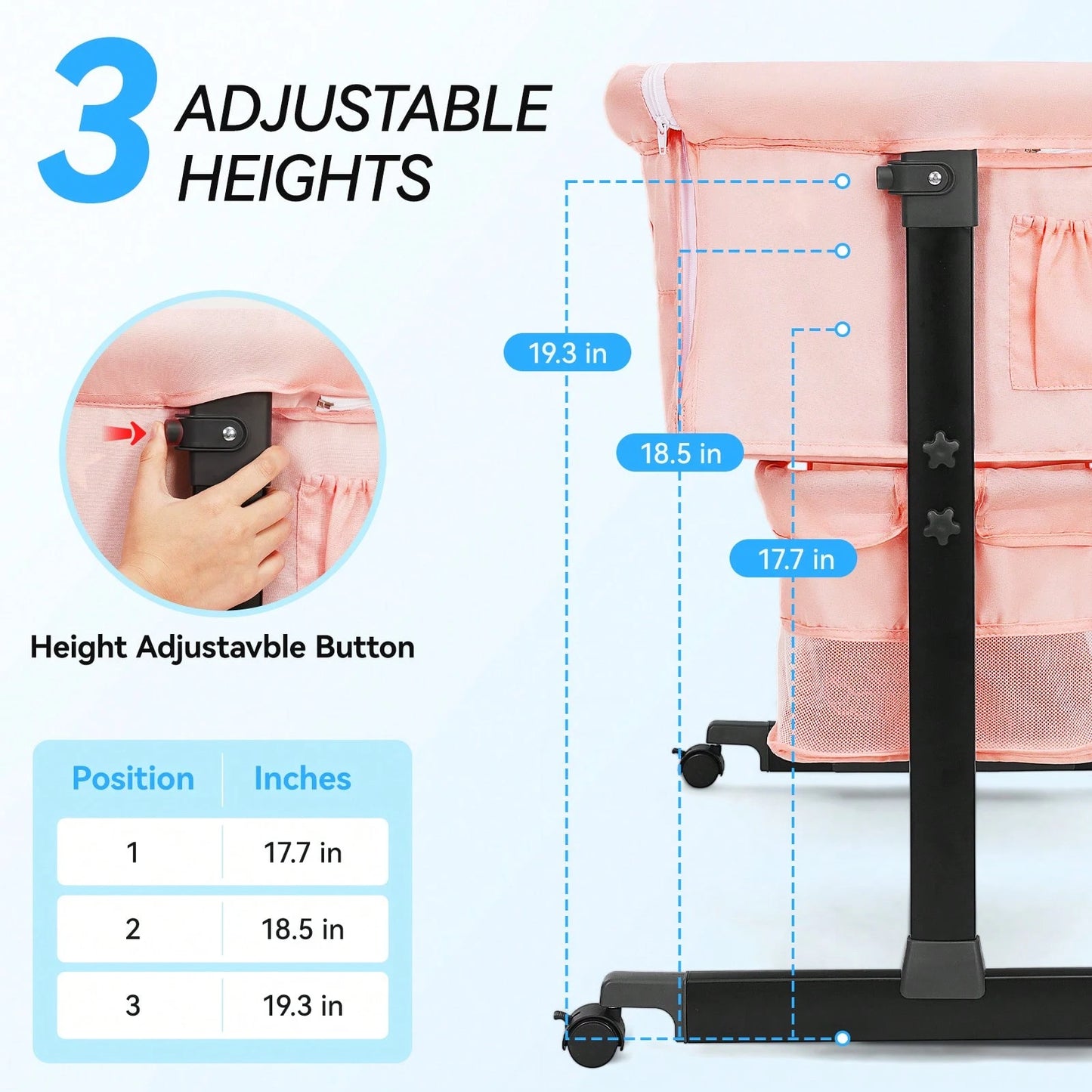 3-In-1 Baby Bassinet, Adjustable Bedside Bassinet With Comfy Mattress, Wheels, 6 Height Levels, Easy Folding Portable Crib For Newborns