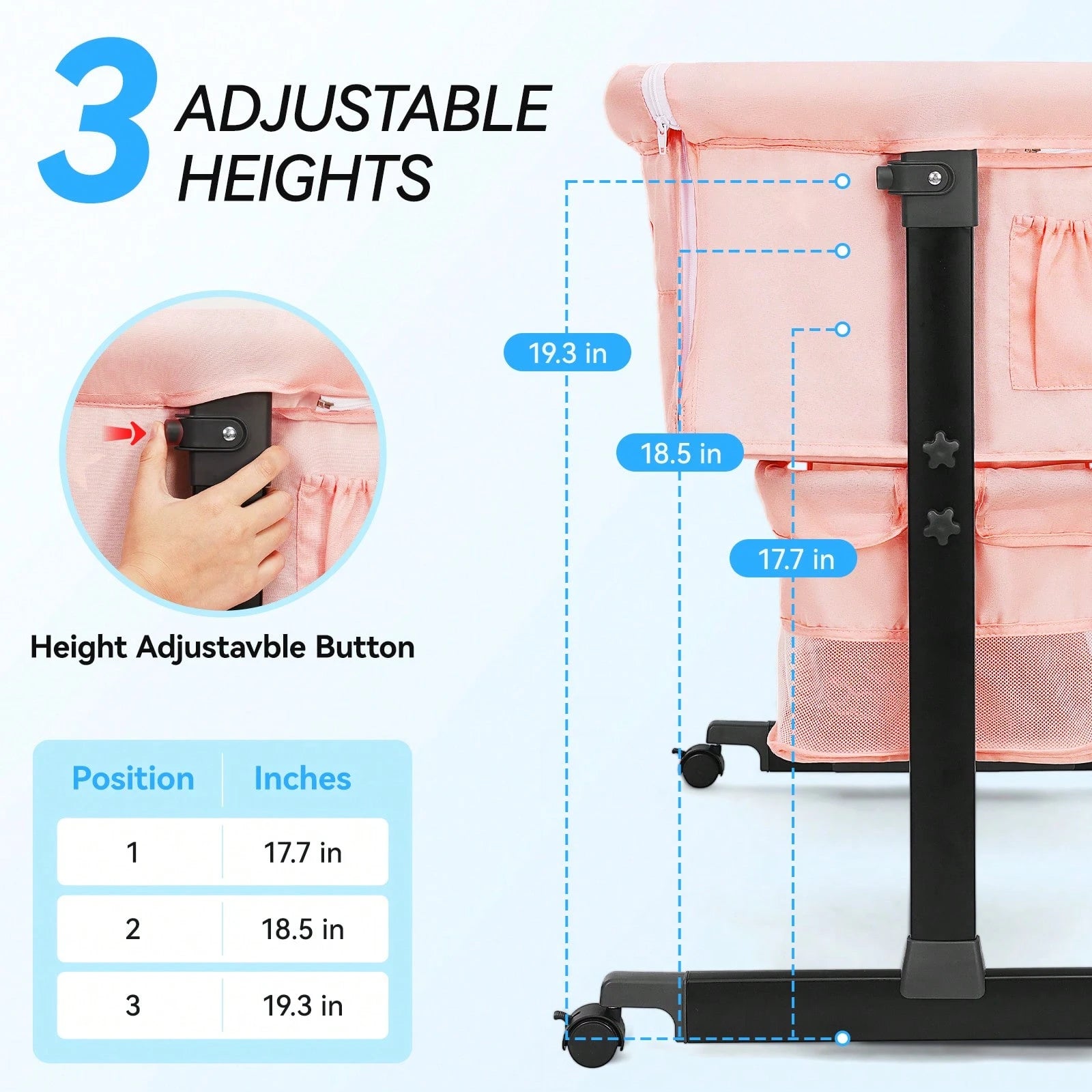 3-In-1 Baby Bassinet, Adjustable Bedside Bassinet With Comfy Mattress, Wheels, 6 Height Levels, Easy Folding Portable Crib For Newborns