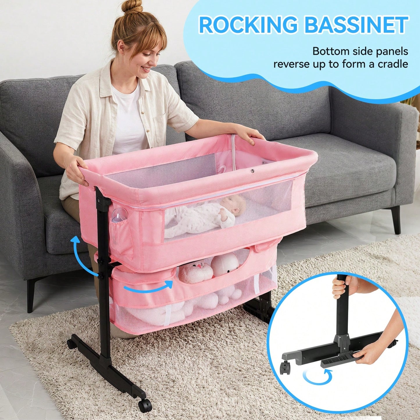 3-In-1 Baby Bassinet, Adjustable Bedside Bassinet With Comfy Mattress, Wheels, 6 Height Levels, Easy Folding Portable Crib For Newborns
