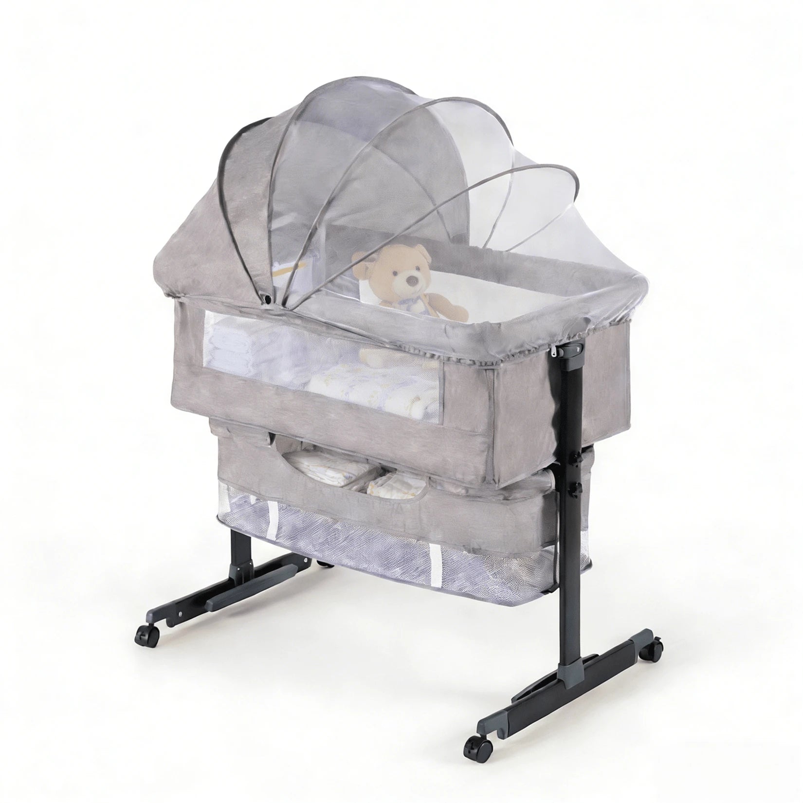 3-In-1 Baby Bassinet, Adjustable Bedside Bassinet With Comfy Mattress, Wheels, 6 Height Levels, Easy Folding Portable Crib For Newborns