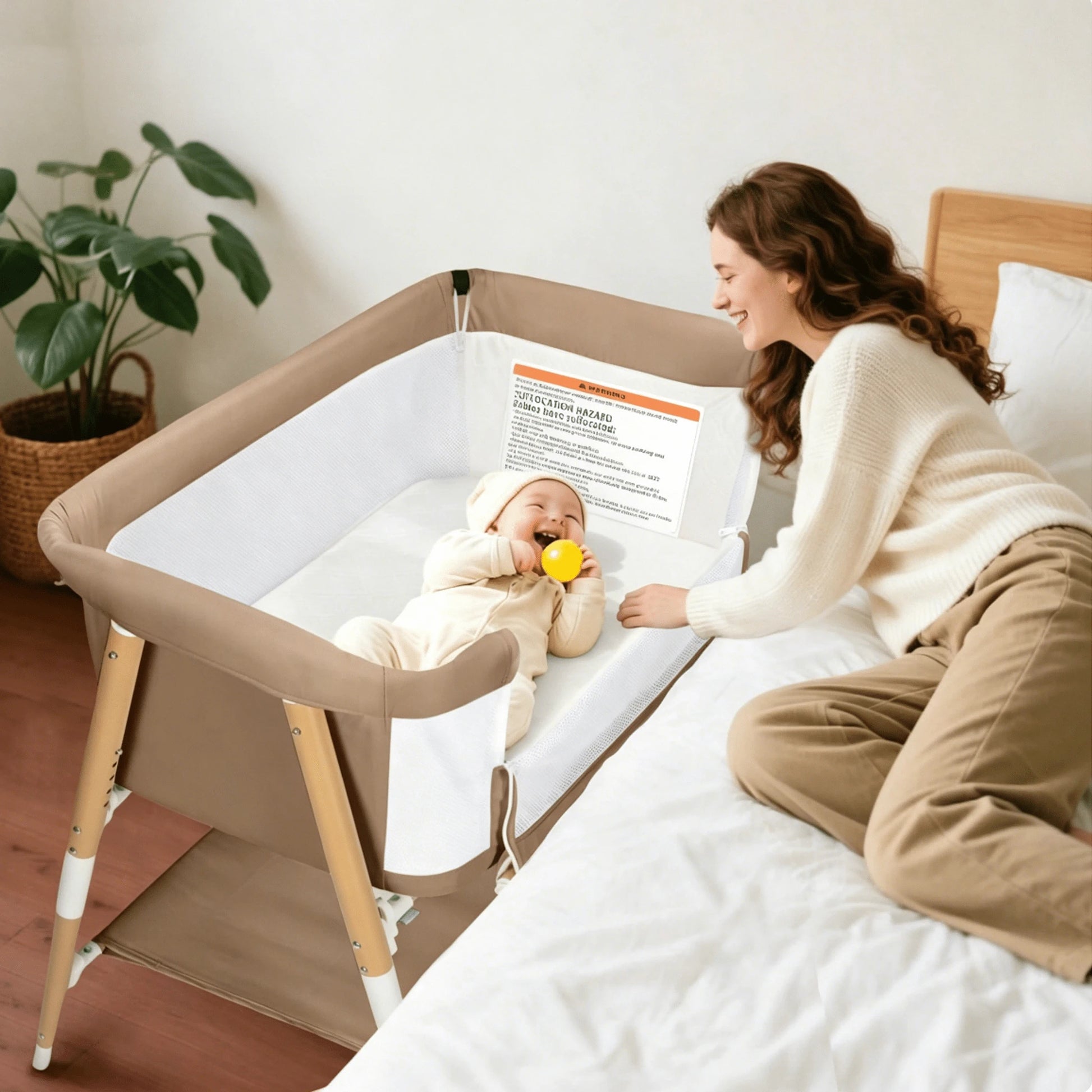 3 In 1 Baby Bedside Bassinet, Portable Travel Crib With Wheels,Adjustable 5 Height,Mattress,Mosquito Net,Basket,Carry Bag,Khaki