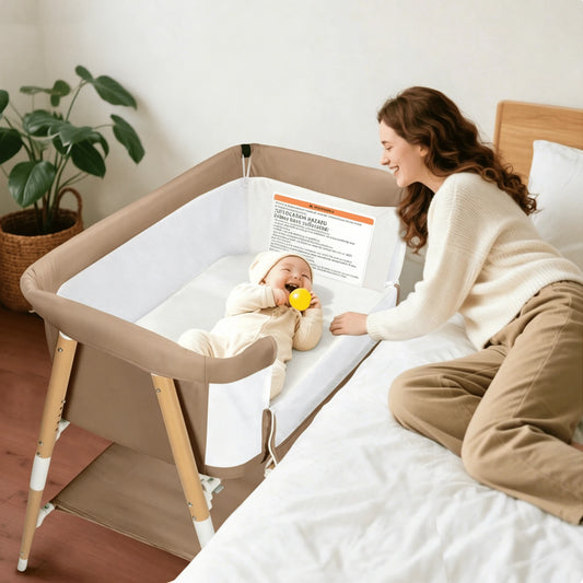 3 In 1 Baby Bedside Bassinet, Portable Travel Crib With Wheels,Adjustable 5 Height,Mattress,Mosquito Net,Basket,Carry Bag,Khaki