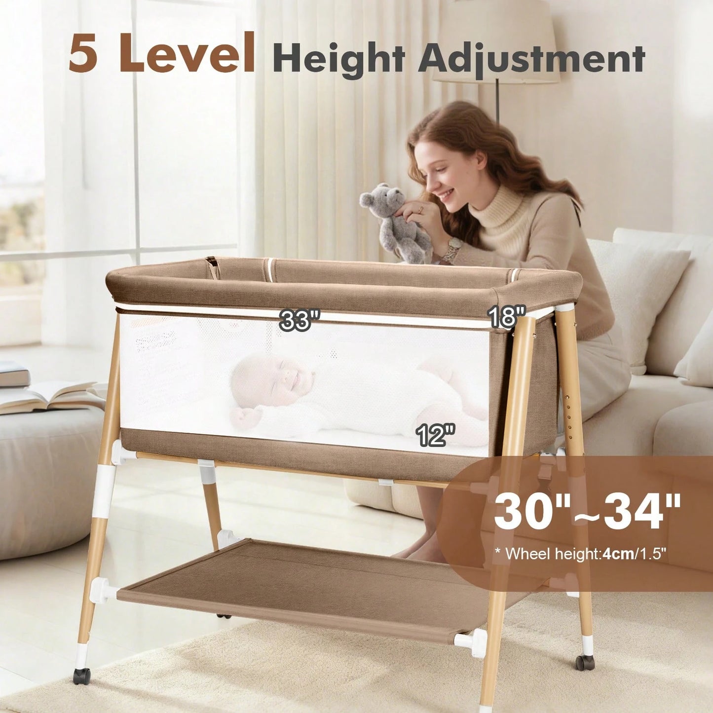 3 In 1 Baby Bedside Bassinet, Portable Travel Crib With Wheels,Adjustable 5 Height,Mattress,Mosquito Net,Basket,Carry Bag,Khaki