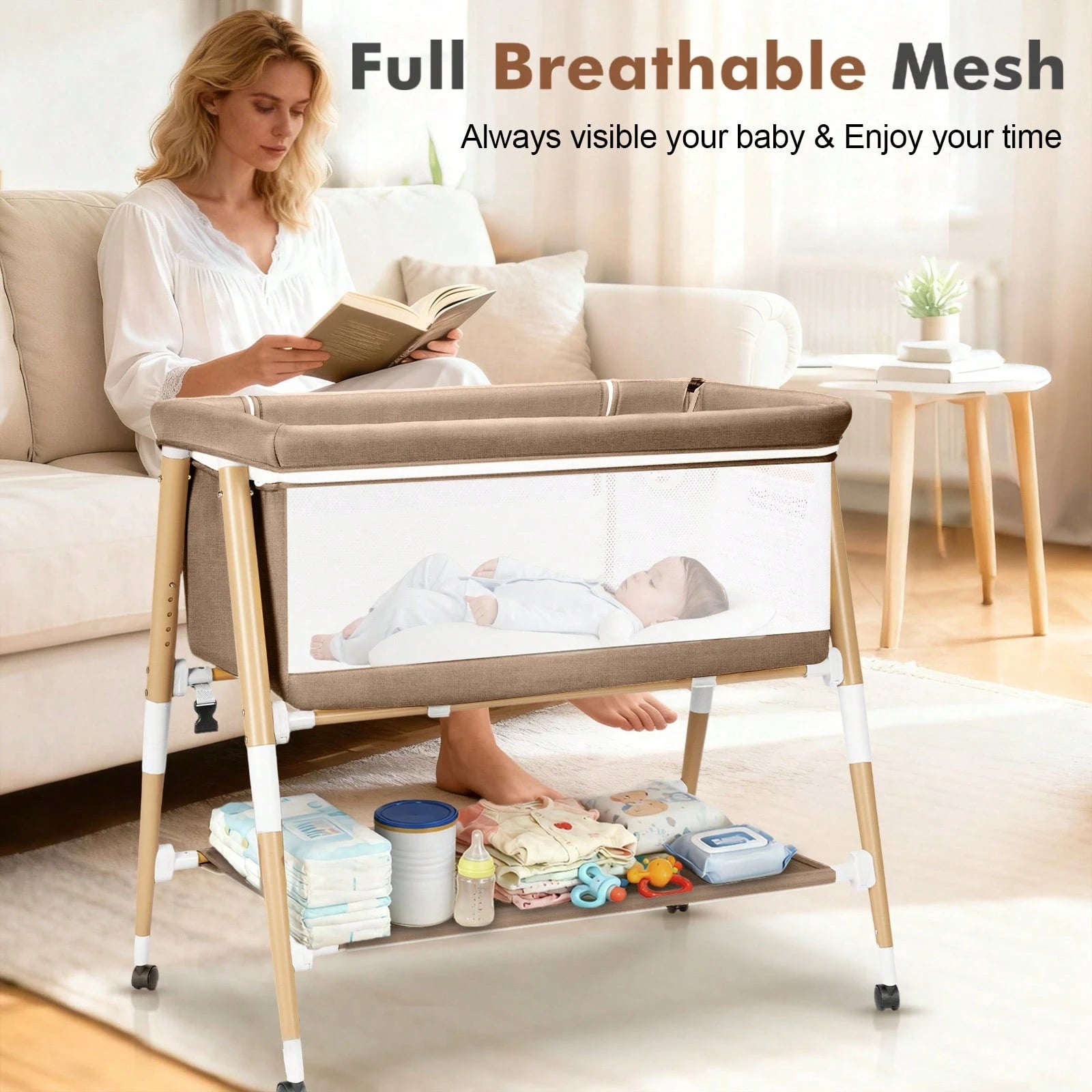 3 In 1 Baby Bedside Bassinet, Portable Travel Crib With Wheels,Adjustable 5 Height,Mattress,Mosquito Net,Basket,Carry Bag,Khaki
